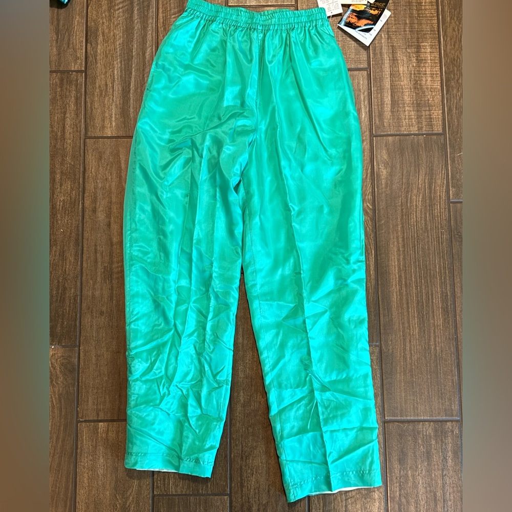 100% Silk 1980s With Tags Vintage Aqua Pants with Colorful Floral Windbreaker - Picture 3 of 8